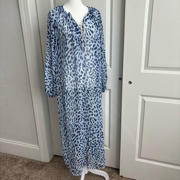 Animal Print Sheer Blue Beach Swim Cover Up O / S Balloon Sleeves - Picture 1 of 7